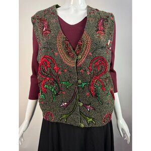 Vintage Other Destinations Hand-Beaded Silk Vest With Floral Embroidery & Rayon